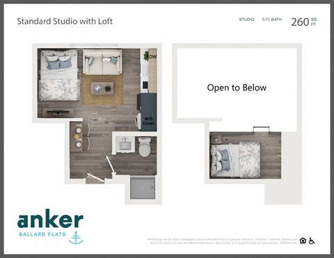 Floor plan for studio, 1 bath, 260 sqft
